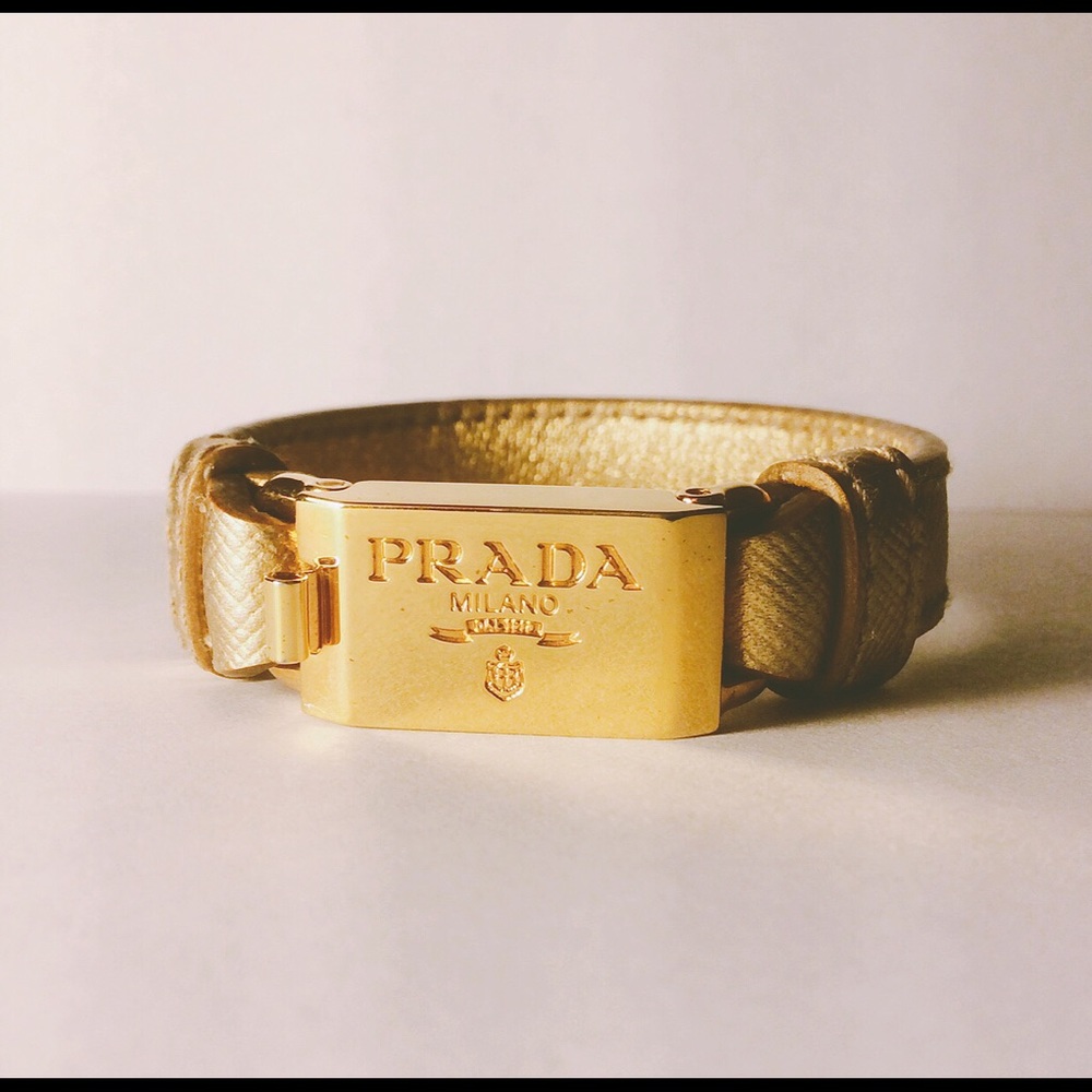 Prada Gold Plate and Beige Leather Bracelet